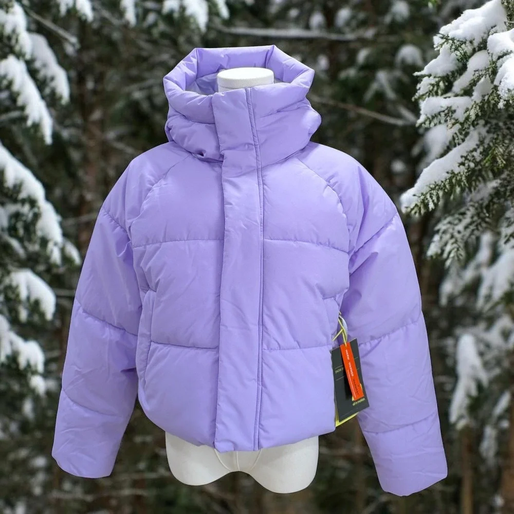 Womens Lavender Cropped Puffer Jacket Pastel Winter Streetwear‎ Y2K Coat Medium